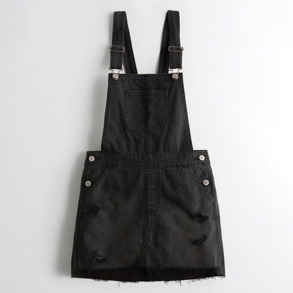 Hollister Embroidered Black Denim Skirt Overalls